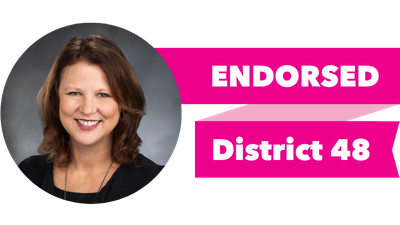 Headshot of Amy Walen with pink banner reading: Endorsed, District 48