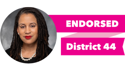Headshot of April Berg with pink banner reading: Endorsed, District 44