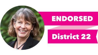 Headshot of Beth Doglio with pink banner reading: Endorsed, District 22