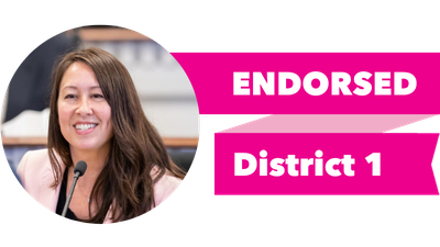 Headshot of Davina Duerr with pink banner reading: Endorsed, District 1