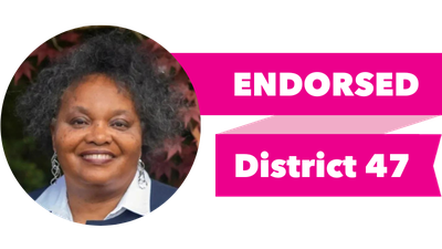 Headshot of Debra Jean Entenman with pink banner reading: Endorsed, District 47