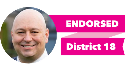 Headshot of Duncan Camacho with pink banner reading: Endorsed, District 18