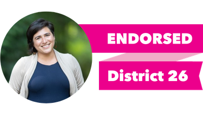 Headshot of Emily Randall with pink banner reading: Endorsed, District 26