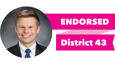 Headshot of Jamie Pedersen with pink banner reading: Endorsed, District 43