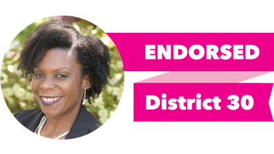 Headshot of Jamila E. Taylor with pink banner reading: Endorsed, District 30