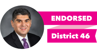 Headshot of Javier Valdez with pink banner reading: Endorsed, District 46