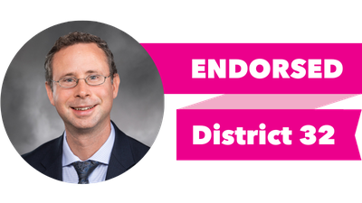 Headshot of Jesse Salomon with pink banner reading: Endorsed, District 32