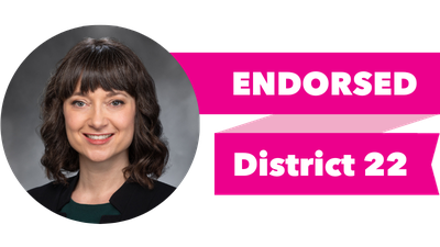 Headshot of Jessica Bateman with pink banner reading: Endorsed, District 22