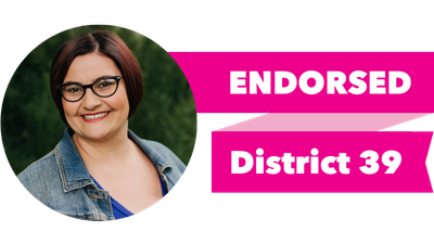 Headshot of Jessica Wadhams with pink banner reading: Endorsed, District 39