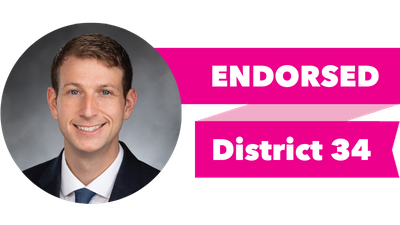 Headshot of Joe Fitzgibbon with pink banner reading: Endorsed, District 34