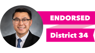 Headshot of Joe Nguyen with pink banner reading: Endorsed, District 34