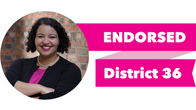 Headshot of Julia Reed with pink banner reading: Endorsed, District 36