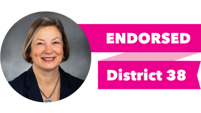 Headshot of June Robinson with pink banner reading: Endorsed, District 38