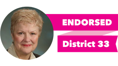 Headshot of Karen Keiser with pink banner reading: Endorsed, District 33
