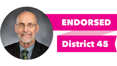 Headshot of Larry Springer with pink banner reading: Endorsed, District 45