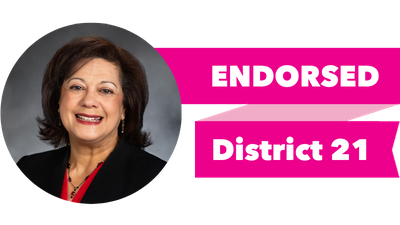 Headshot of Lillian Ortiz-Self with pink banner reading: Endorsed, District 21