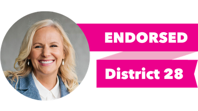 Headshot of Mari Leavitt with pink banner reading: Endorsed, District 28