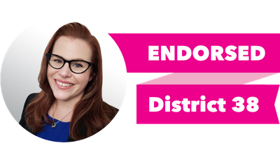 Headshot of Mary Fosse with pink banner reading: Endorsed, District 38