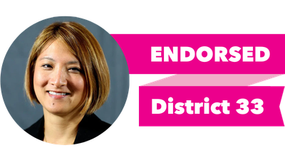 Headshot of Mia Su-Ling Gregerson with pink banner reading: Endorsed, District 33