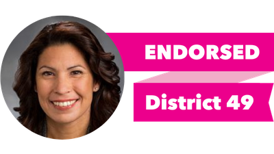 Headshot of Monica Jurado Stonier with pink banner reading: Endorsed, District 49