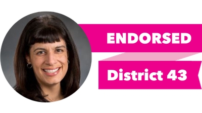 Headshot of Nicole Macri with pink banner reading: Endorsed, District 43