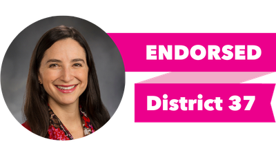 Headshot of Rebecca Saldaña with pink banner reading: Endorsed, District 37