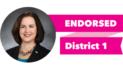 Headshot of Shelley Kloba with pink banner reading: Endorsed, District 1