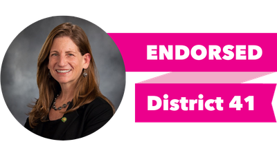 Headshot of Tana Senn with pink banner reading: Endorsed, District 41