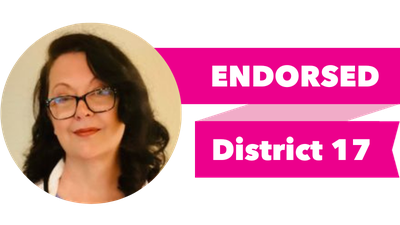Headshot of Terri Niles with pink banner reading: Endorsed, District 17