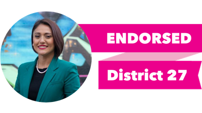 Headshot of Yasmin Trudeau with pink banner reading: Endorsed, District 27